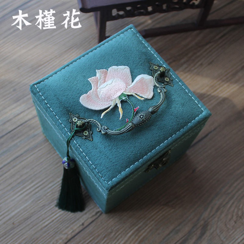 [Trang sức lưu trữ] hộp trang cầm tay nhỏ đựng đồ cổ điển kiểu Trung Quốc hoa tai thêu nữ