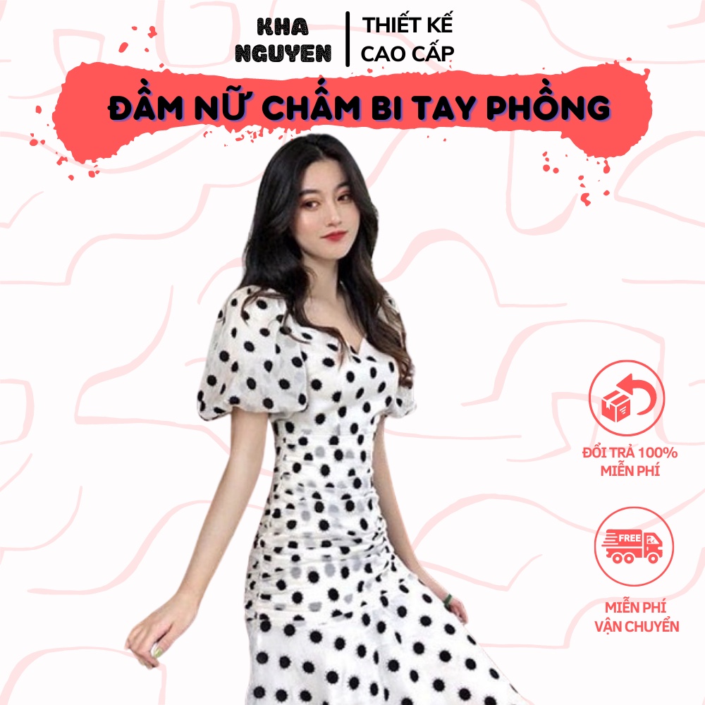 Đầm Chấm Bi 💖KHA NGUYEN💖 Váy Chấm Bi Cổ Vuông Tim Tay Phồng Dáng Dài Nữ Tính - Thiết Kế Cao Cấp