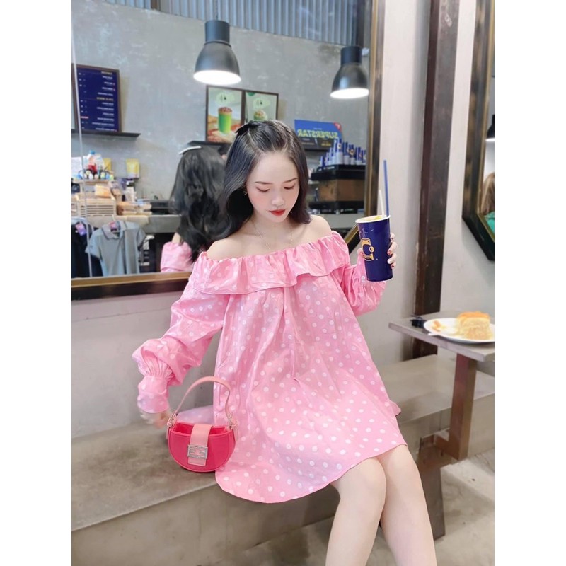 [Mã WASKT304 giảm 15% tối đa 30K đơn 99K] MECHIPXINH - VÁY TRỄ VAI CHẤM BI HỒNG CUTE CHO NỮ