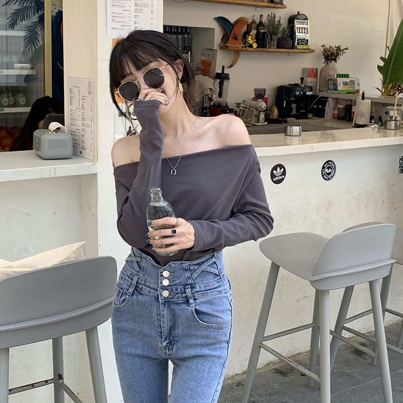 Áo thun COZOK tay dài trễ vai dáng rộng thời trang quyến rũ cho nữ