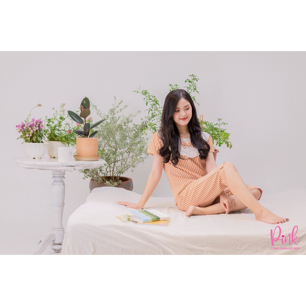 Pijama Ngủ Caro Màu Cam Tay Ngắn Vải Kate Siêu Cấp Đồ Ngủ Nữ Thoáng Mát Phong Cách Trẻ Trung Thanh Lịch Nữ Tính