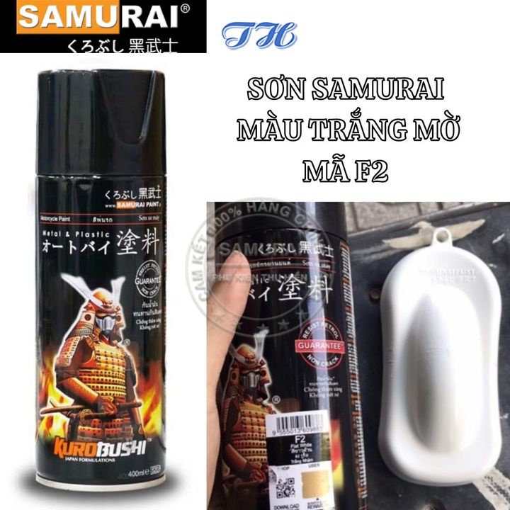 Sơn Xịt Samurai chuyên dùng cho xe máy màu màu trắng mở F2 chống cháy, chống rạn nứt, vòi xịt chống chảy