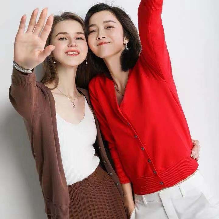 Áo thun len áo khoác cardigan tay dài nữ cổ tim hàn quốc 7 cúc