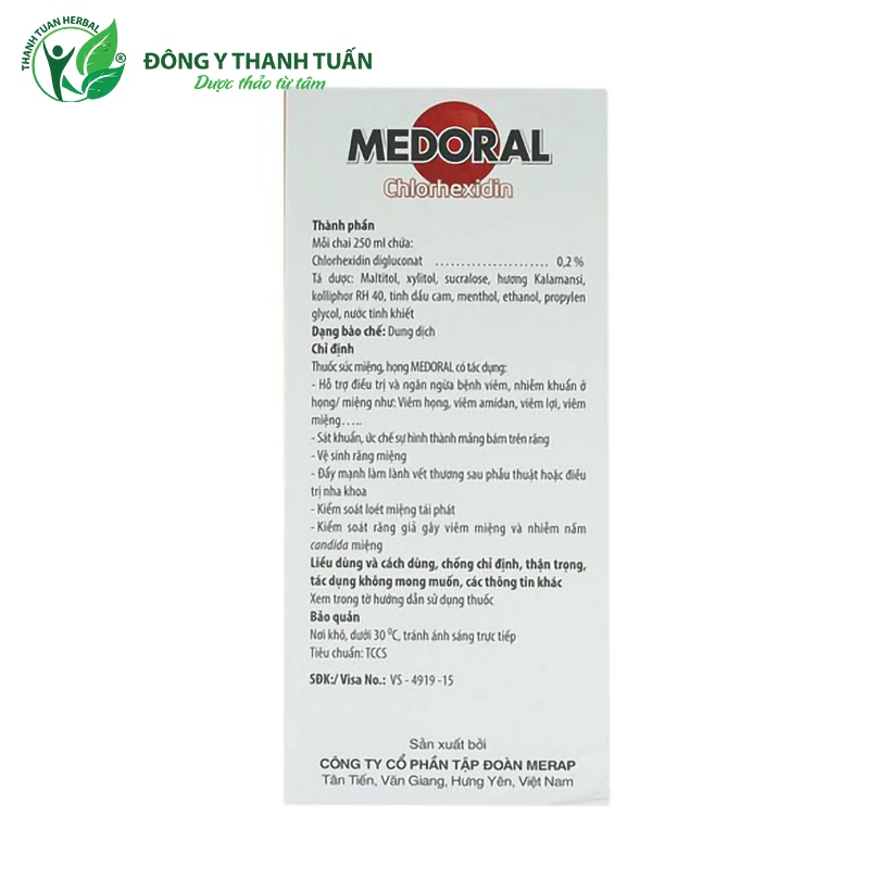 Nước súc miệng Medoral 250ml Merap - Hỗ trợ điều trị và ngăn ngừa viêm, nhiễm khuẩn họng, miệng (Chlorhexidine 250ml)