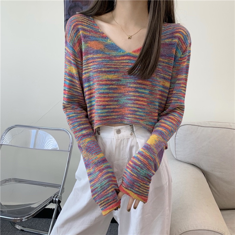 Áo len nữ dài tay loang màu cổ tim hớt vạt phong cách HQ mã mới 2022