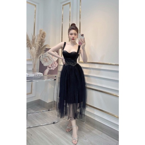 Đầm maxi ren 2 dây kết đá eo