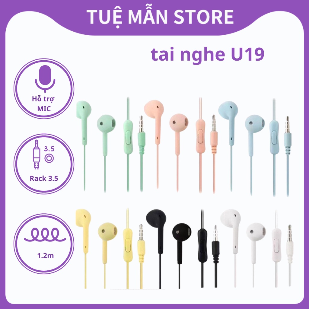 Tai nghe có dây nhét tai U19 TUEMAN có mic âm thanh êm nhiều màu sắc Macaron độc lạ jack cắm 3.5mm cho điện thoại