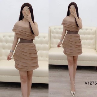 Đầm trễ vai xếp tầng V1275 màu nâu Mie Design kèm ảnh thật