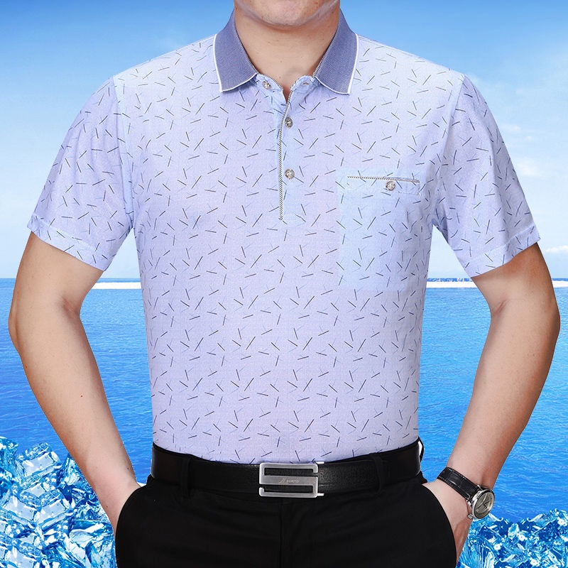 summer thin shirt middle-aged short-sleeved T-shirt solid color polo shirt Áo phông ngắn tay nam trung niên 40-50 tuổi Silk Silk Slide đã dẫn một người cha bỏ túi để cảm nhận chiếc áo khoác mùa hè của bố