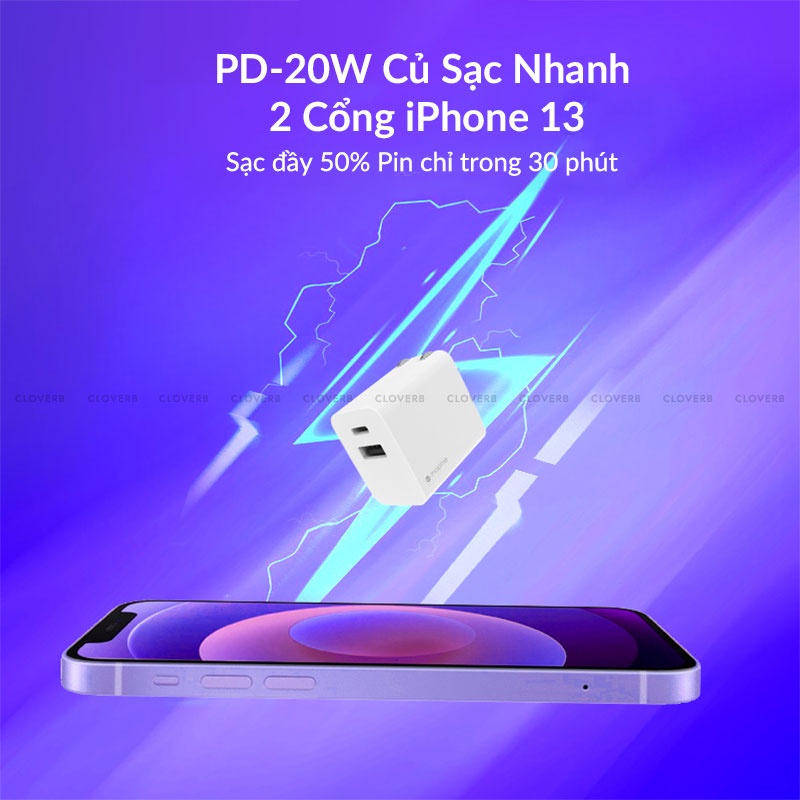 Củ Sạc Nhanh 20w Mophie Cloverb 2 Cổng Type-c Usb-a Kích Thước Nhỏ Gọn Chân Gập Không Nóng Bảo Vệ Pin Cho 13 Pro Max