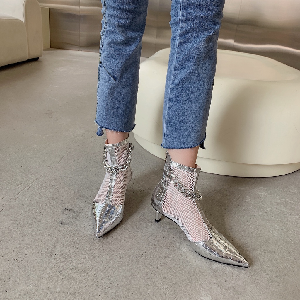 Ankle Boots Women's2021New Hollow Mesh Dr. Martens Boots Metal Chain Pointed Toe Stiletto Mid-Heel Boots Low Heel Women's Sandal Boots