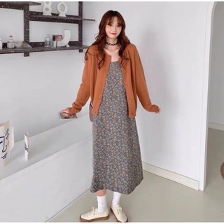 Set váy hai dây maxi hoa nhí nhung tăm mix áo cadigan len siêu xịn