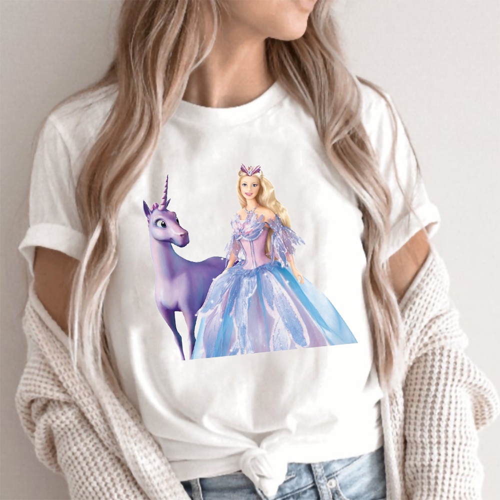 Áo Thun Tay Ngắn Màu Trắng In Hình Búp Bê Barbie Thời Trang Mùa Hè Dành Cho Nữ 2022