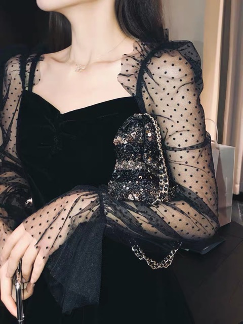 [Mã WASTMINI giảm 10% tối đa 30K đơn 150K] Đầm nhung đen tiểu thư tay ren sang chảnh ulzzang HQ 🖤 | BigBuy360 - bigbuy360.vn