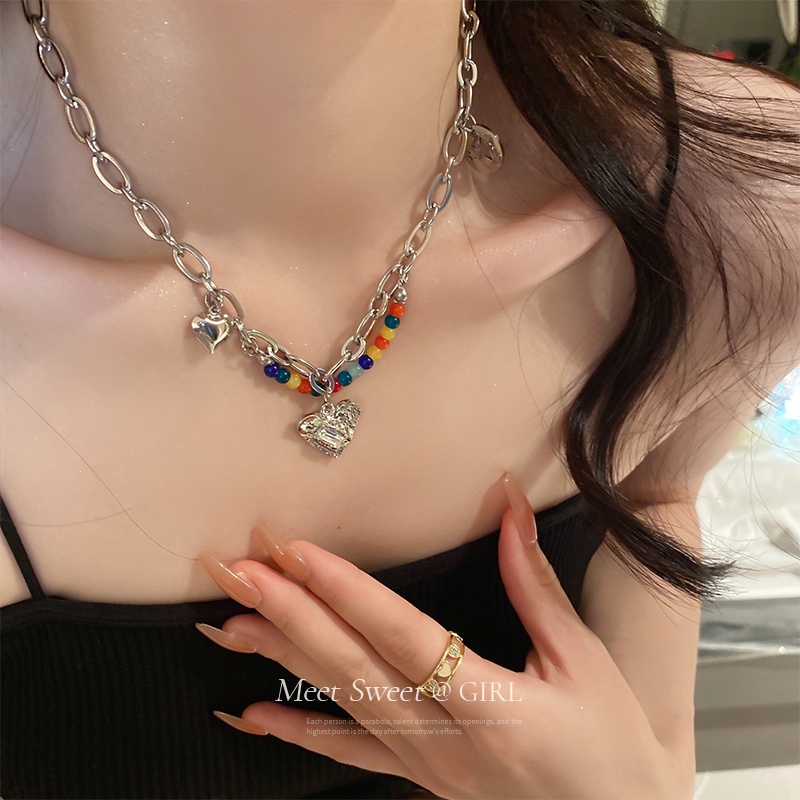 Vòng Cổ Choker Đính Hạt Và Trái Tim Nhiều Màu Sắc Y2K Thời Trang Cho Nữ
