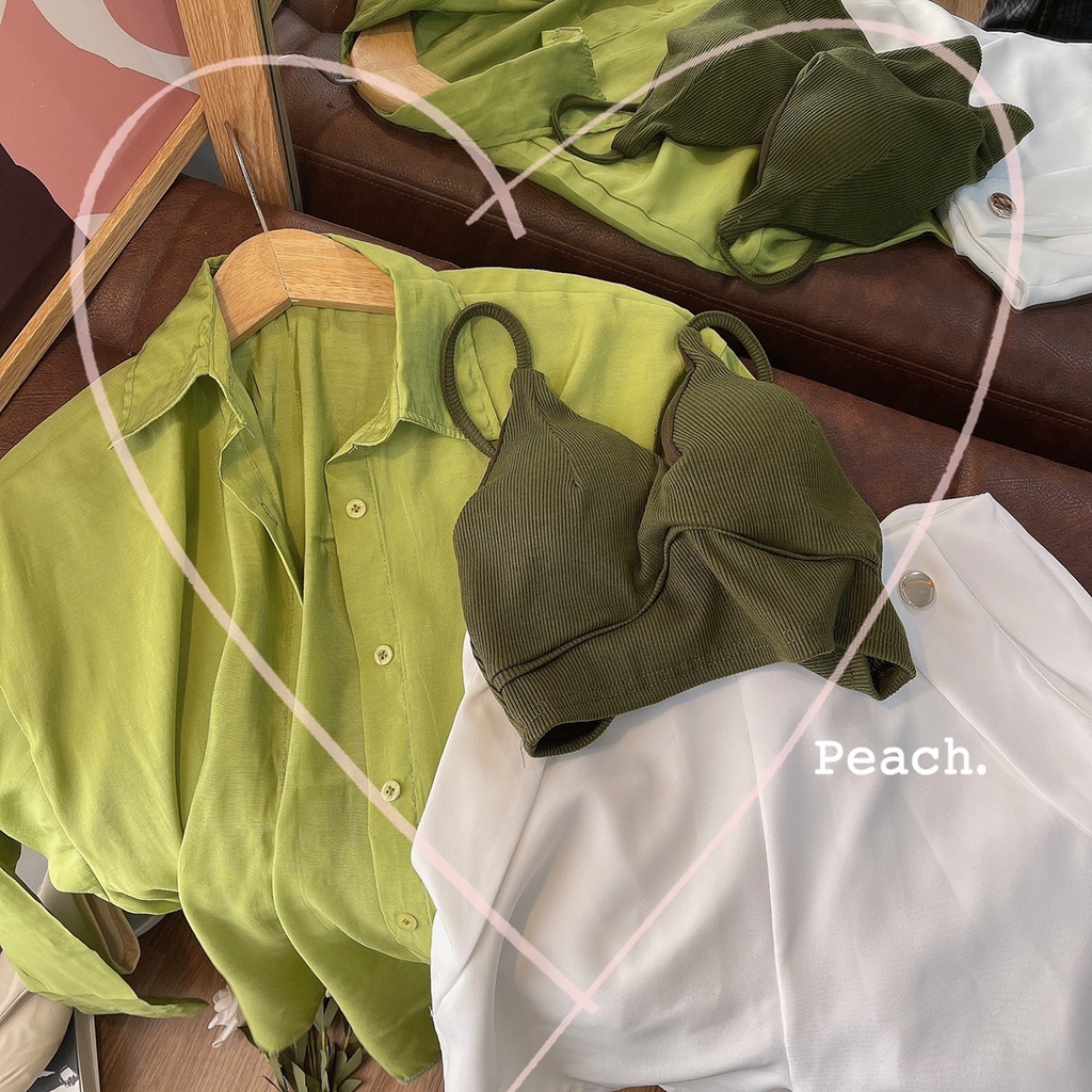 SET ÁO SƠ MI XANH + ÁO CROPTOP XANH 2 DÂY + QUẦN SHORT