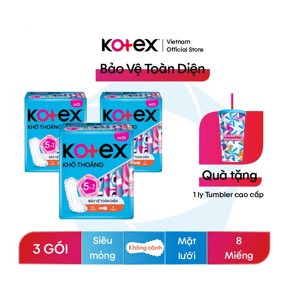 Combo 3 gói băng vệ sinh Kotex siêu mỏng không cánh,8miếng/gói Tặng ly Tumbler