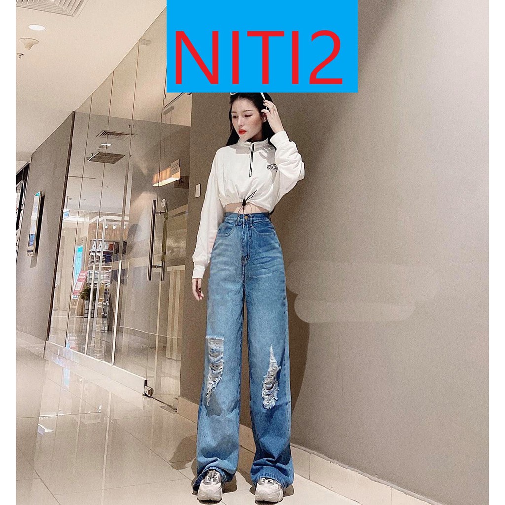 [ MẢNG TO ] QUẦN JEAN ỐNG RỘNG NỮ LƯNG CAO RÁCH 2 MẢNG TO LAI CUỐN CAO CẤP NITI2 ĐỦ SIZE S, M, L SIÊU XỊN SÒ FORM CHUẨN