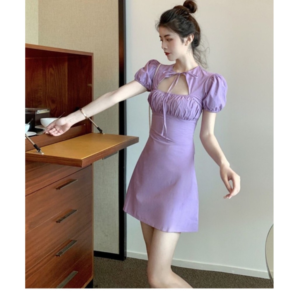 Váy Nữ Thun Tay Phồng Bó Ngực , Cột Dây Nơ Cổ Màu Sắc Sang Chảnh , Fom Dáng Siêu Xinh - Winchois