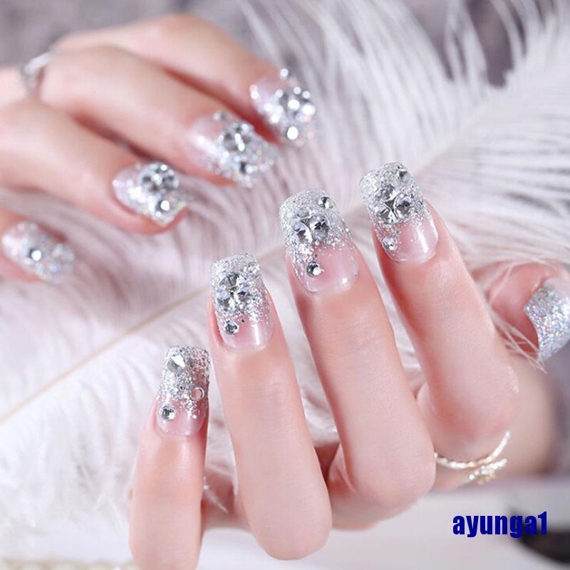 [Hàng mới về] Bộ 24 móng tay giả đính đá màu bạc phong cách pháp