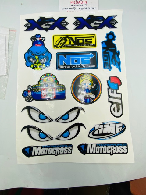 Decal sticker nổi trang trí xe, mũ bảo hiểm mẫu NOS XANH DƯƠNG