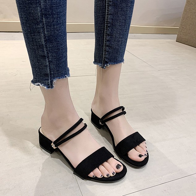 Two-wear sandals and slippers plus size sandals for women One-word strap sandals open-toed thick-heeled half slippers Two-wear sandals French fairy style sandals Sandals and slippers women 4 cm mid-heel sandals and slippers size 42
