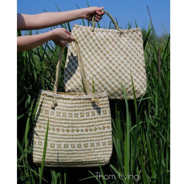 Giỏ đi chợ đan phối hoa văn hoạ tiết nanh sói quai đeo vai