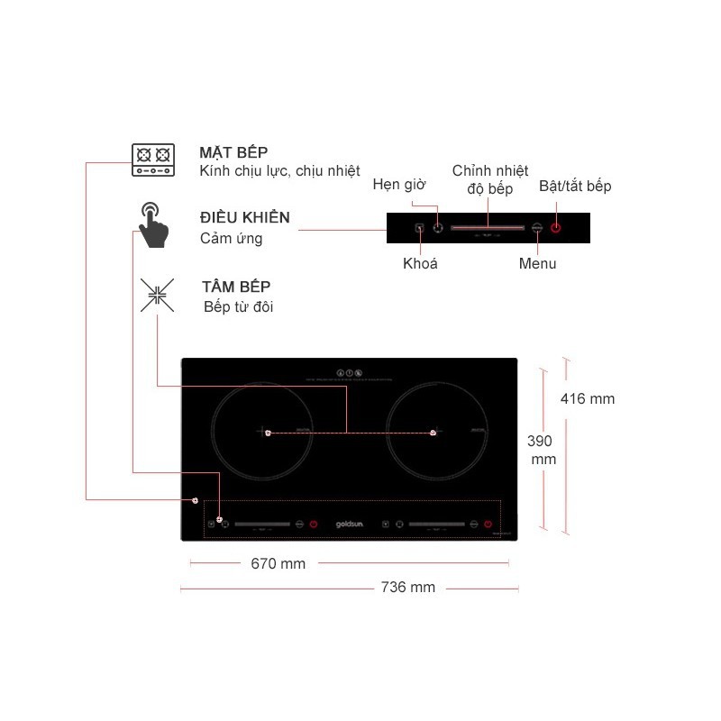 Bếp Đôi Điện Từ Cảm Ứng Đặt Âm Goldsun IH-GYL27 - Nhập Khẩu Malaysia - Hàng chính hãng