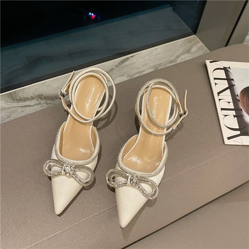 Sandal cao gót nơ đá quấn cổ 7p fullbox