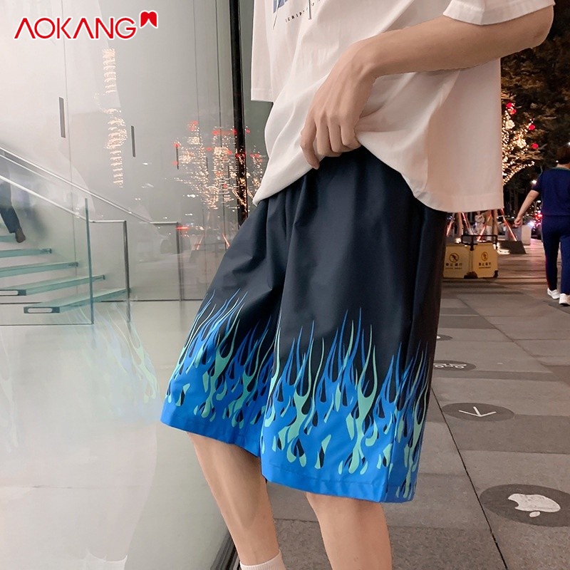 Quần short AOKANG ống rộng in họa tiết ngọn lửa phong cách hip hop cá tính dành cho nam