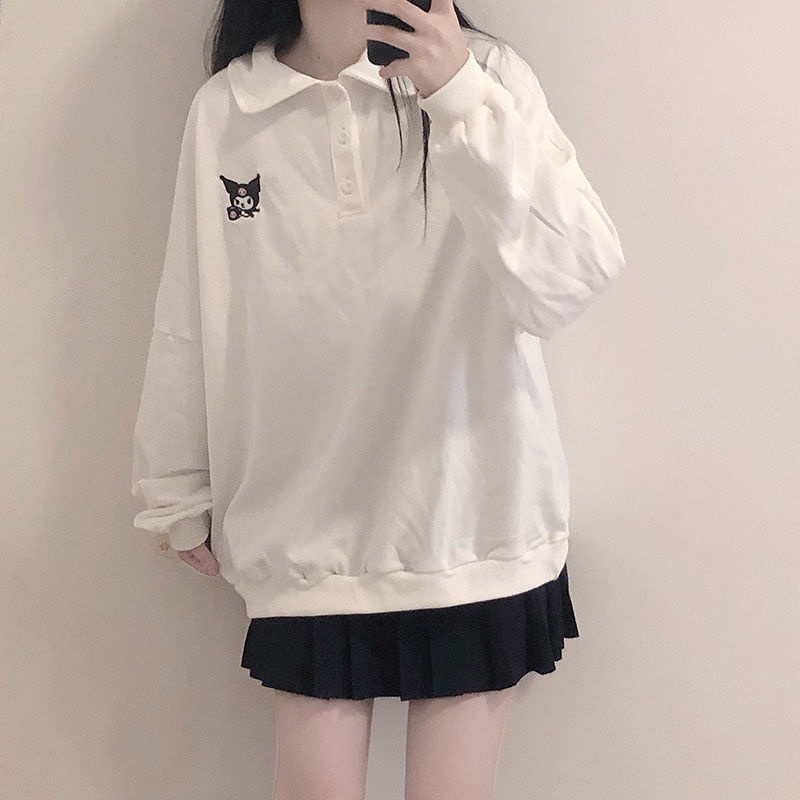 ❣Áo Thun POLO Kuromi❣Áo Thun Sweater Cổ polo Tay Dài Dáng Rộng Mềm Mại Màu Trắng/Xanh Dương Phong Cách Nhật Bản Dễ Thương Thời Trang Mùa Thu Cho Bạn Gái