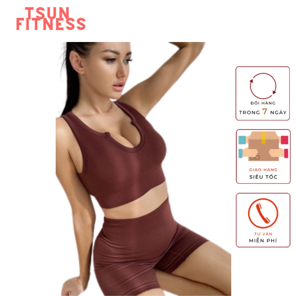 Set Bộ Đồ Tập Gym Nữ, Tập Yoga, Tập Thể Thao Chạy Bộ Vải Dệt Kim Chữ U Tôn Dáng, Sexy, Nâng Ngực