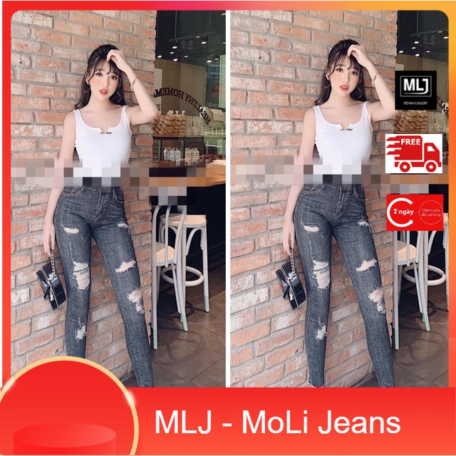 QUẦN JEAN DÀI BIG SIZE MÀU XÁM CHUỘT RÁCH KIỂU LƯNG CAO CO DÃN MẠNH 2883