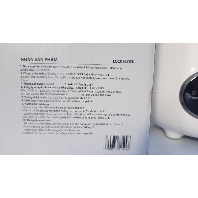 Nồi cơm điện tử mini đa năng 0,8l lock&lock EJR326WHT