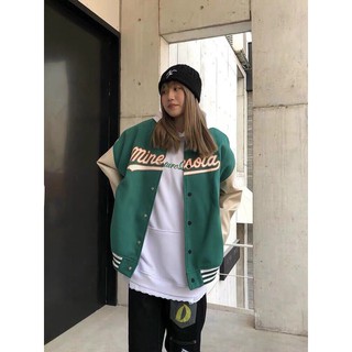 Áo khoác bomber varsity jacket kaki phối da siêu phẩm