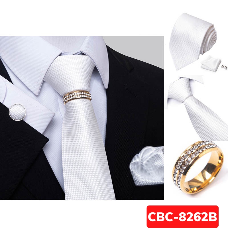 Bộ Cà vạt 4 món gồm Cavat 8cm, khăn cài túi, Măng-set, Nhẫn tròn phụ kiện sang trọng, Cravat chú rể, Calavat công sở