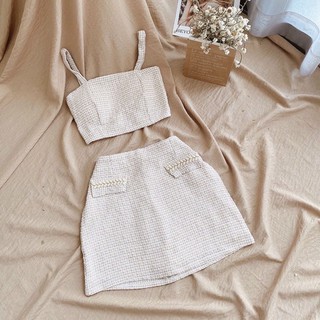 Set Áo Dạ Kẻ Sọc Kèm Chân Váy ( Ảnh Thật )