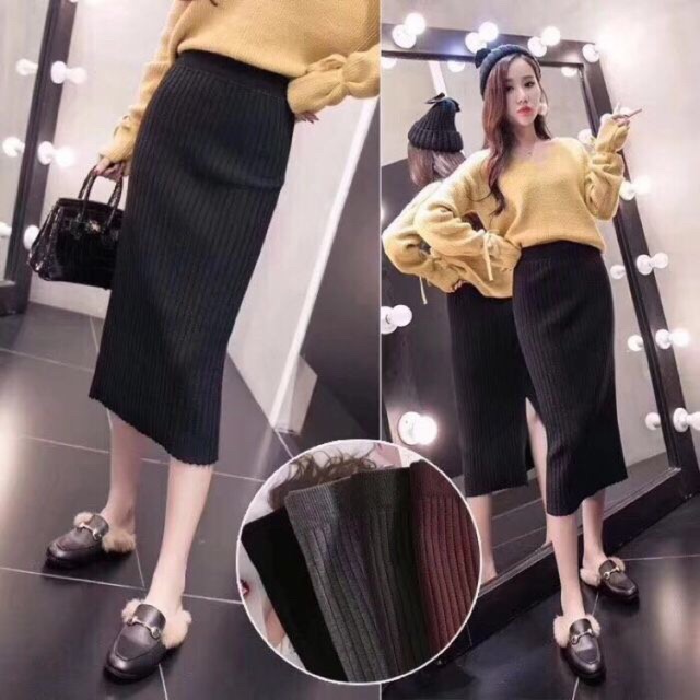 Chân váy len dáng dài midi xẻ sau