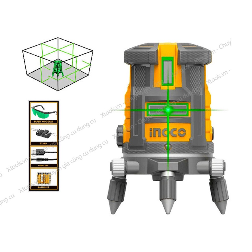 Máy cân bằng bắn cốt tia lazer INGCO HLL305205 máy laser cân mực 5 tia xanh, đo mức cân bằng, phạm vị làm việc 0-30m