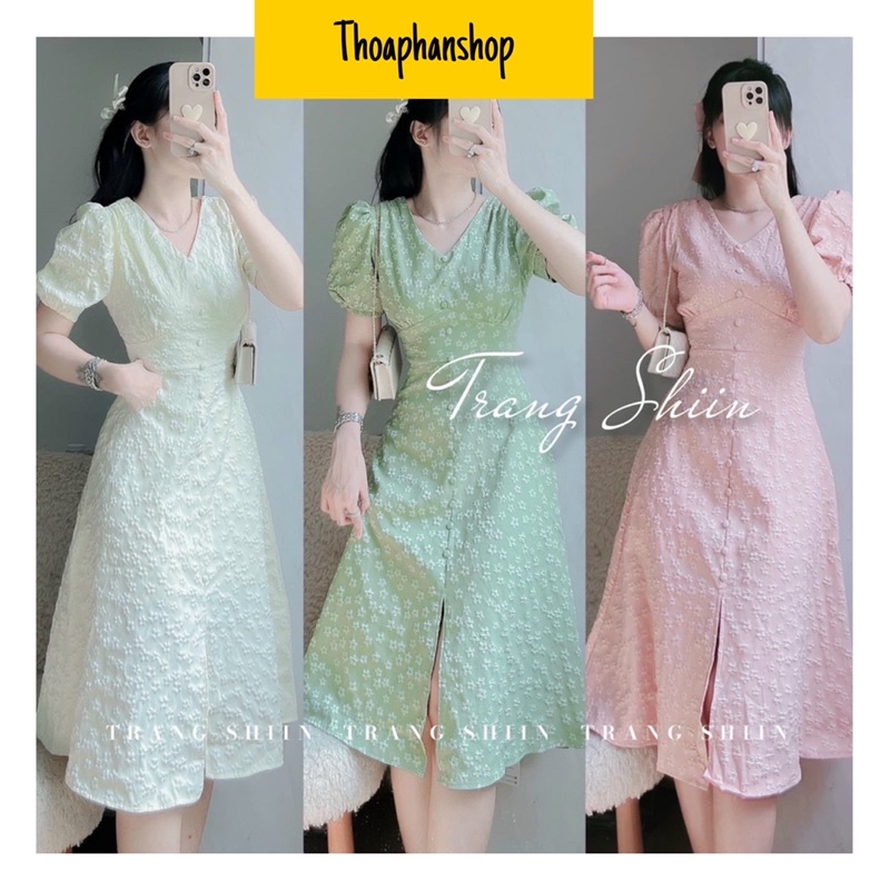ĐẦM MIDI HOA CỔ V TAY NGẮN NÚT BỌC BA MÀU [kèm ảnh thật]