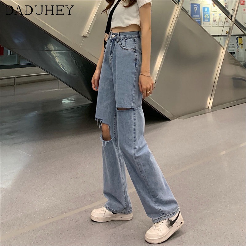 Quần jean DaDuHey mùa hè mới rách mỏng dáng rộng cạp cao thời trang