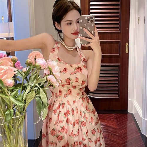 Jiashucheng Đầm Midi Hai Dây Họa Tiết Hoa Phong Cách Retro Pháp