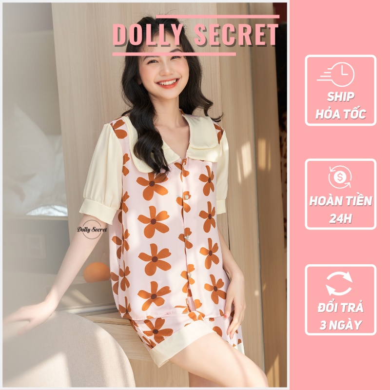 Bộ đồ mặc nhà cộc tay Pijama tay bồng lụa mango họa tiết mùa thu Hàn Quốc DOLLY SECRET CC14