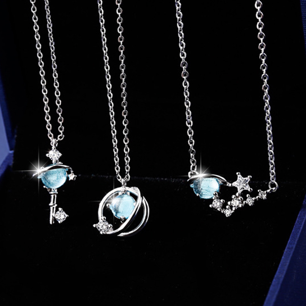 Dây chuyền phối mặt đá Sapphire xanh hình chìa khóa tinh tế thời trang cho nữ