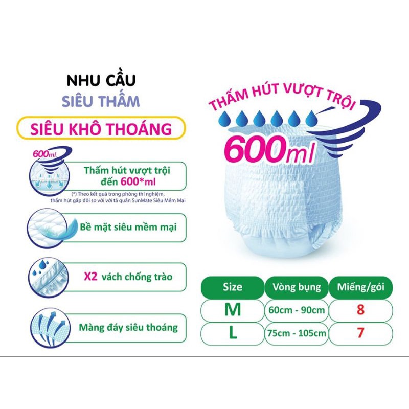 Tã Quần Người Lớn SunMate SIÊU KHÔ THOÁNG Size M8, L7