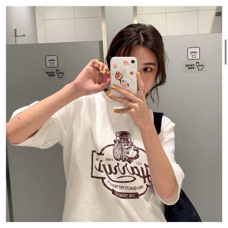 Áo thun tay lỡ unisex chú chó đội mũ