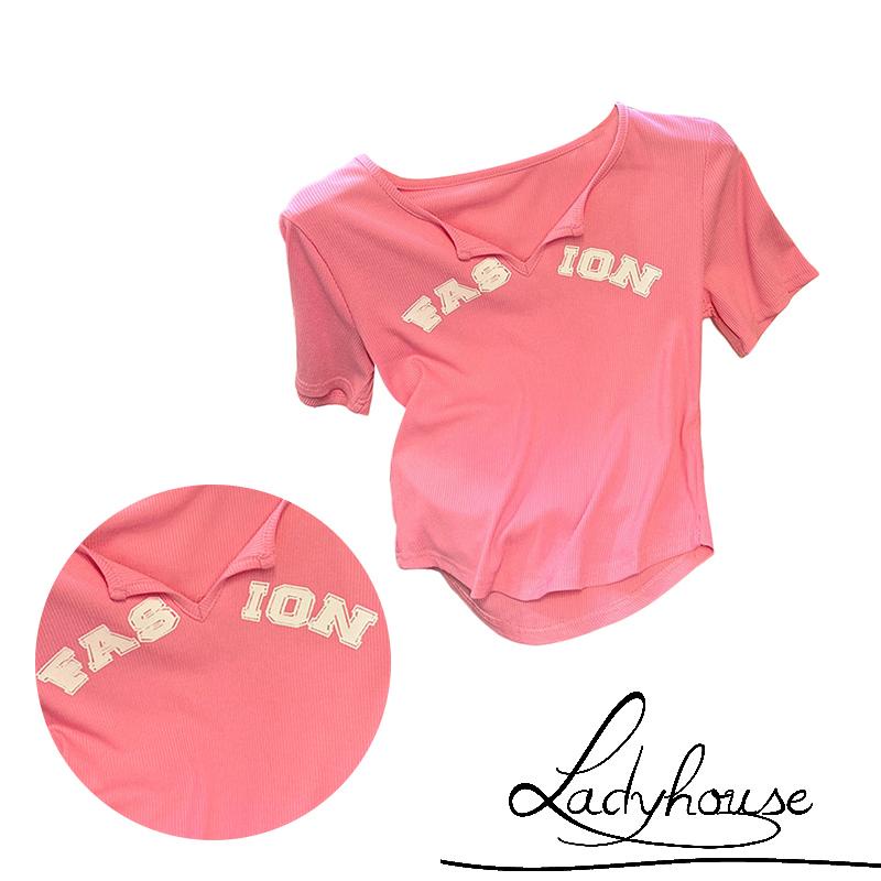 Áo Thun Ngắn Tay Cổ Chữ V In Chữ Đơn Giản Cho Nữ