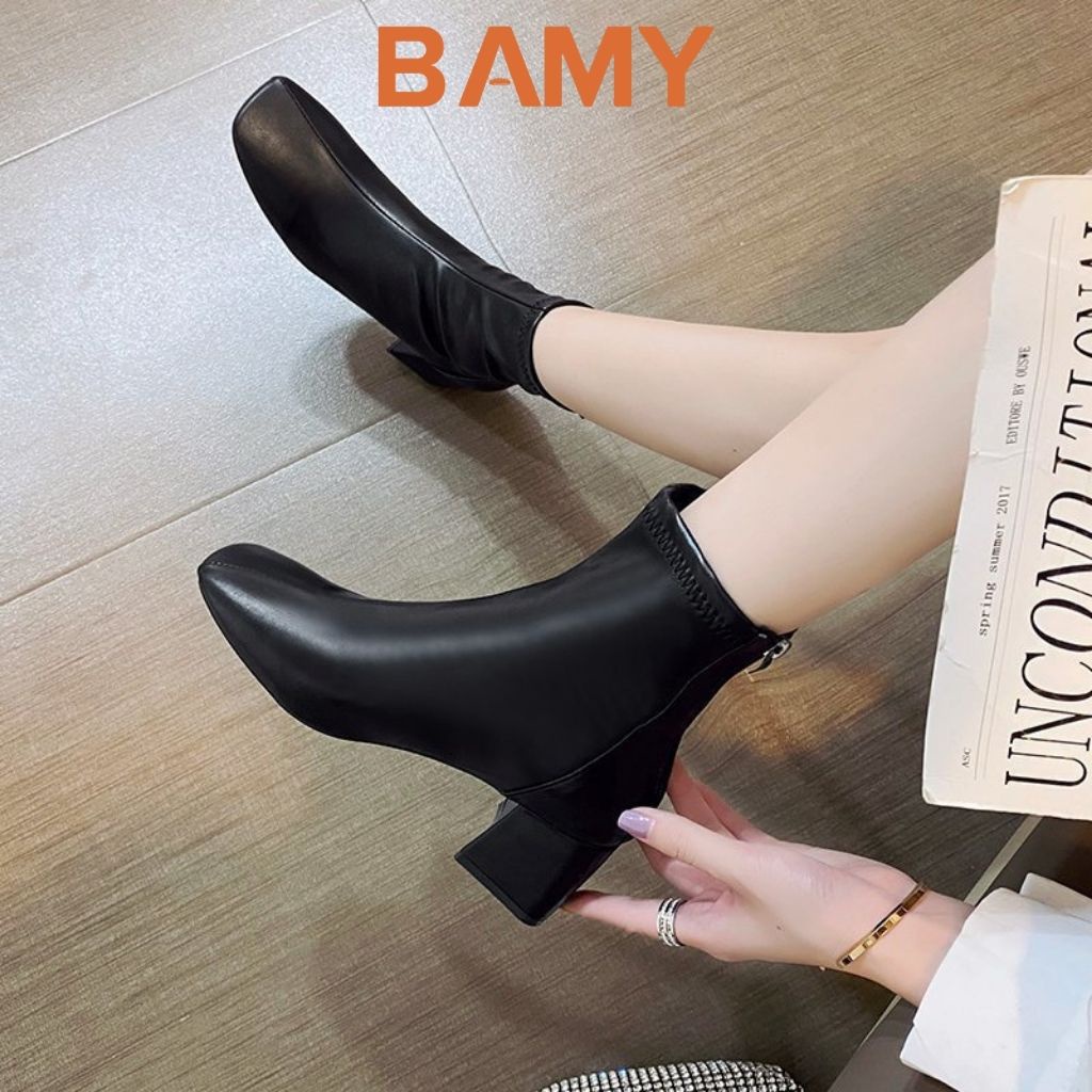 Bốt nữ da mềm Gân Chéo cổ cao khóa sau BAMY, giày boots ulzzang mũi vuông gót trụ 6 phân B01 | BigBuy360 - bigbuy360.vn