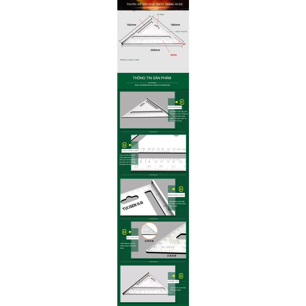 Thước tam giác, thước gỗ góc phải 7inch, 180mm, 45 độ hợp kim nhôm TUOSEN