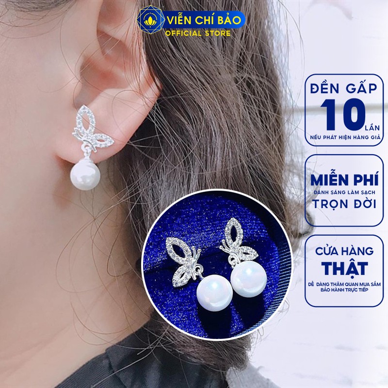 Bông tai bạc nữ Trái châu cánh bướm đính đá chất liệu bạc 925 thời trang phụ kiện trang sức nữ Viễn Chí Bảo B400444